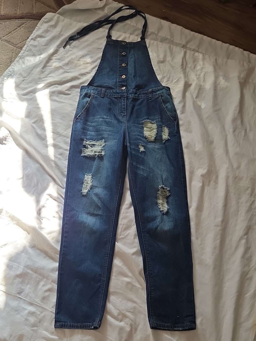 Forever 21 Halter Bib Distressed Denim Overalls